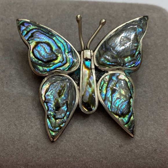 Butterfly Pin Brooch Abalone Shell Wings Made in Mexico,Vintage Alpaca Silver - Picture 2 of 5